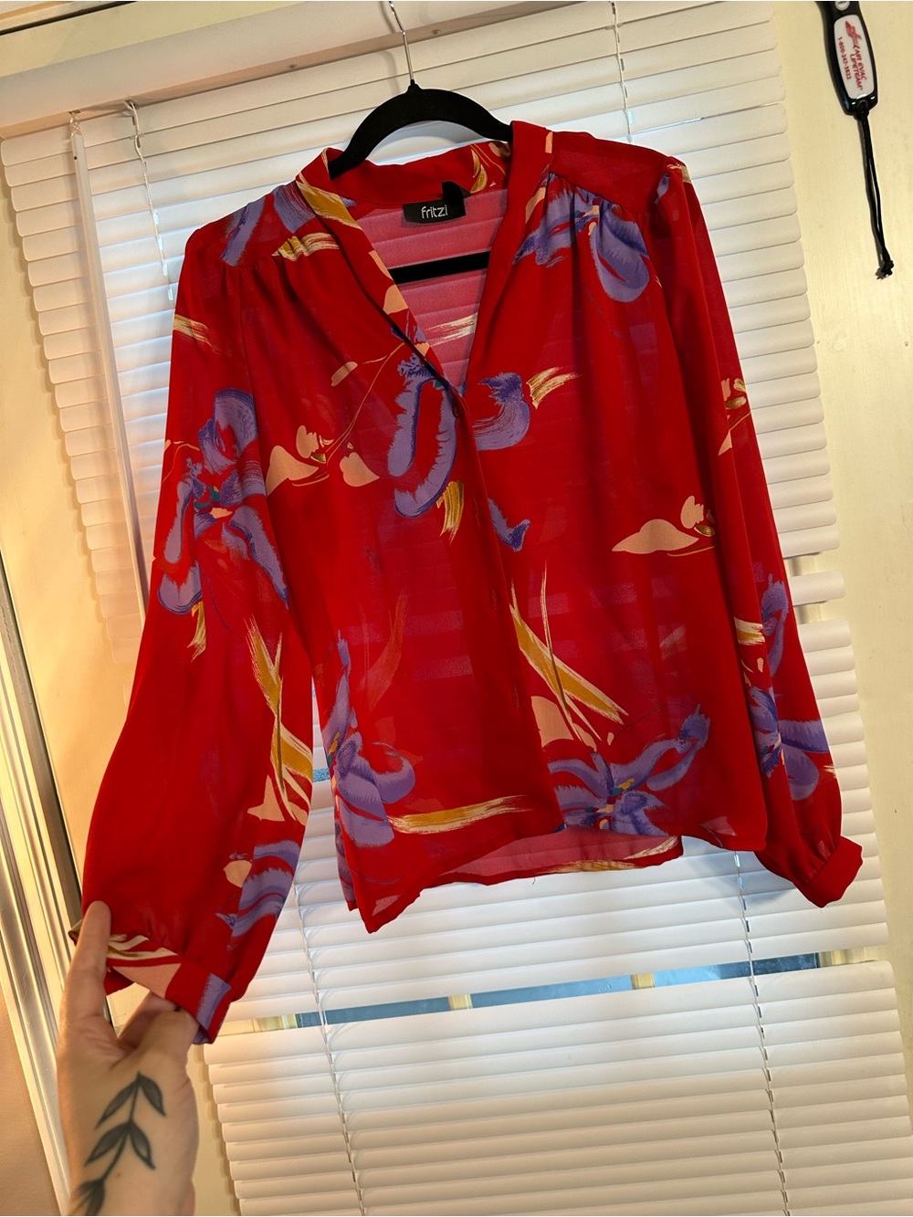 Bright Red Floral V-Neck Long Sleeve Blouse by frsz